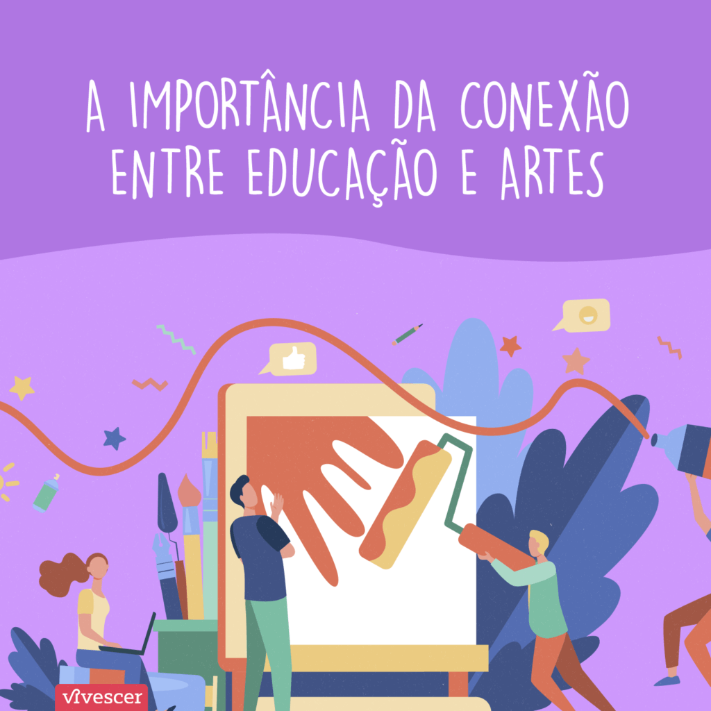 Ilustração de 4 pessoas fazendo atividades artísticas: segurando pincéis, rolos de tinta, telas de pintura. Texto da imagem: A importância da conexão entre educação e artes.