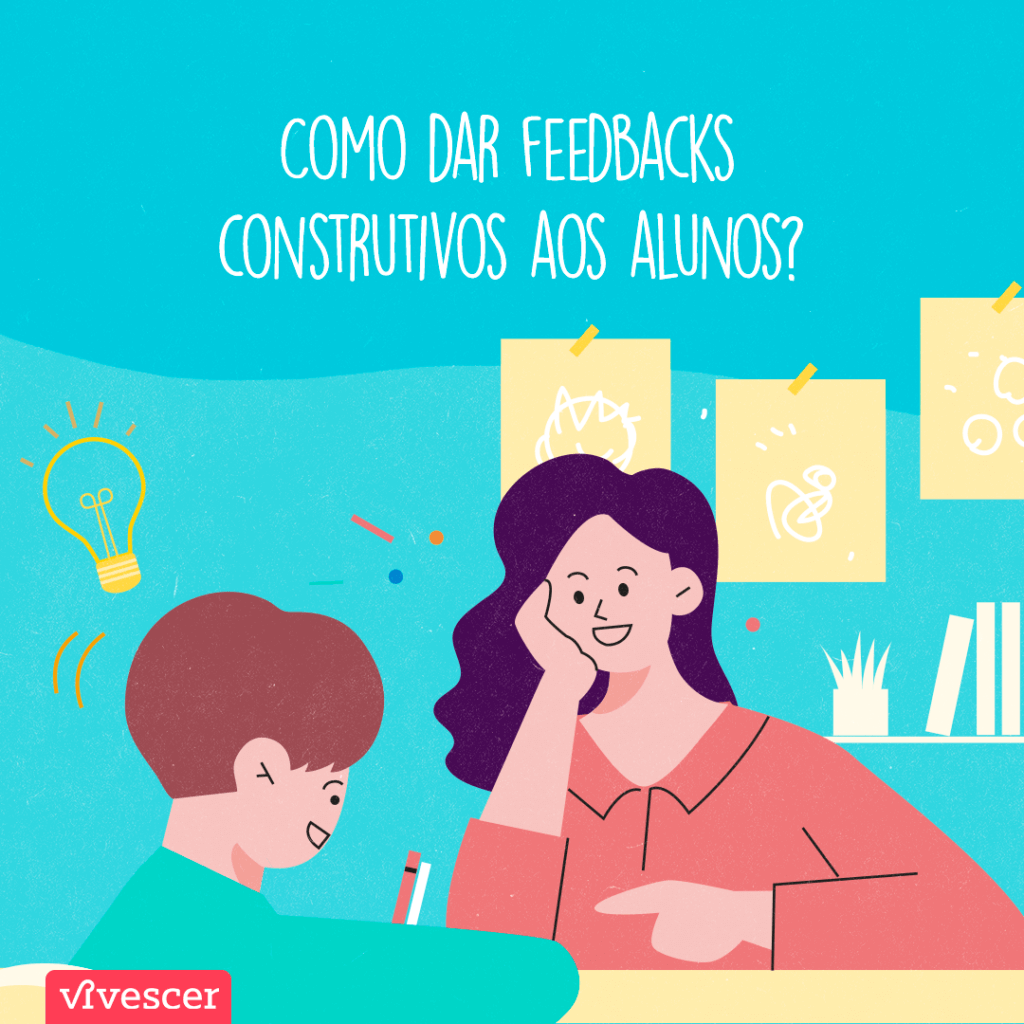 Ilustração de uma professora conversando com um aluno, que está escrevendo num caderno. Texto da imagem: como dar feedbacks construtivos aos alunos?