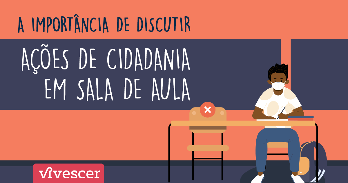 jovem sentado na cadeira da escola de máscara, cadeira ao lado vazia com um X para ninguém sentar, ao fundo frase "a importância de discutir ações de cidadania em sala de aula"