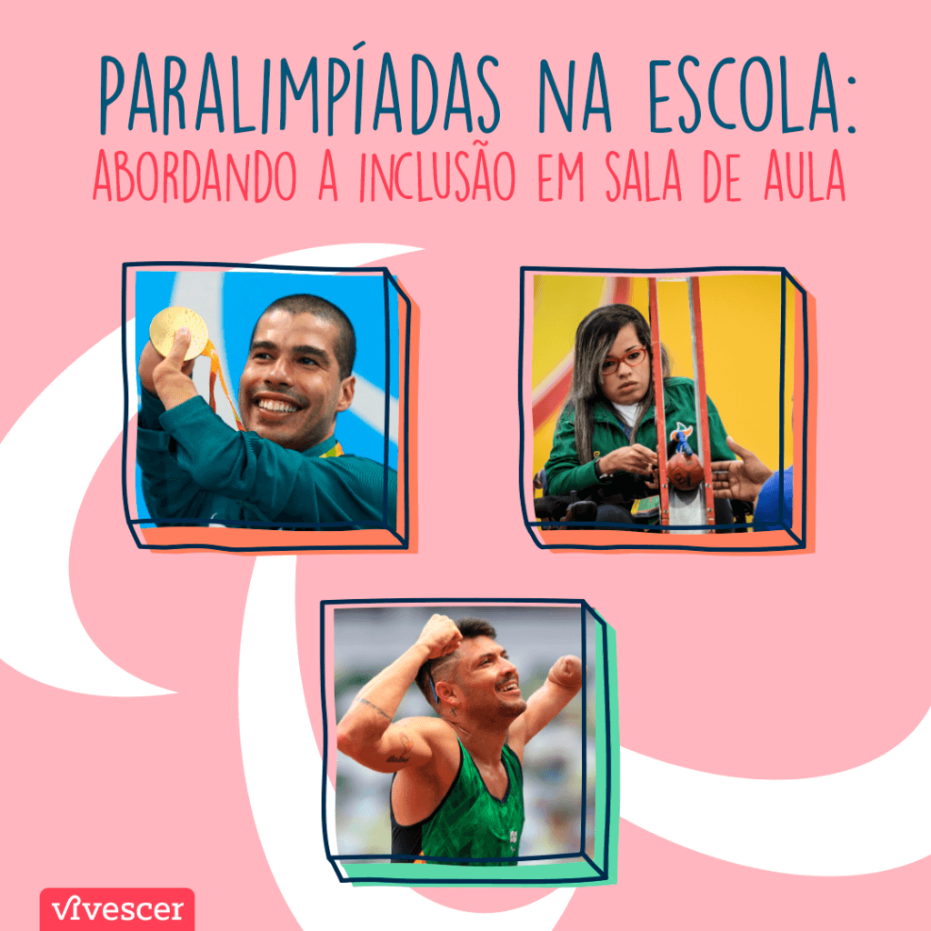 Fotos dos atletas Daniel Dias segurando medalha de ouro, Petrúcio Ferreira comemorando e Evelyn de Oliveira concentrada. Texto: Paralimpíadas na escola: abordando a inclusão em sala de aula