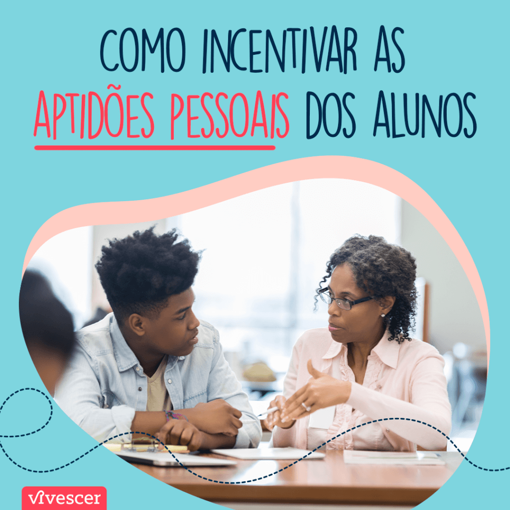 Professora e aluno sentados conversando + Texto: 