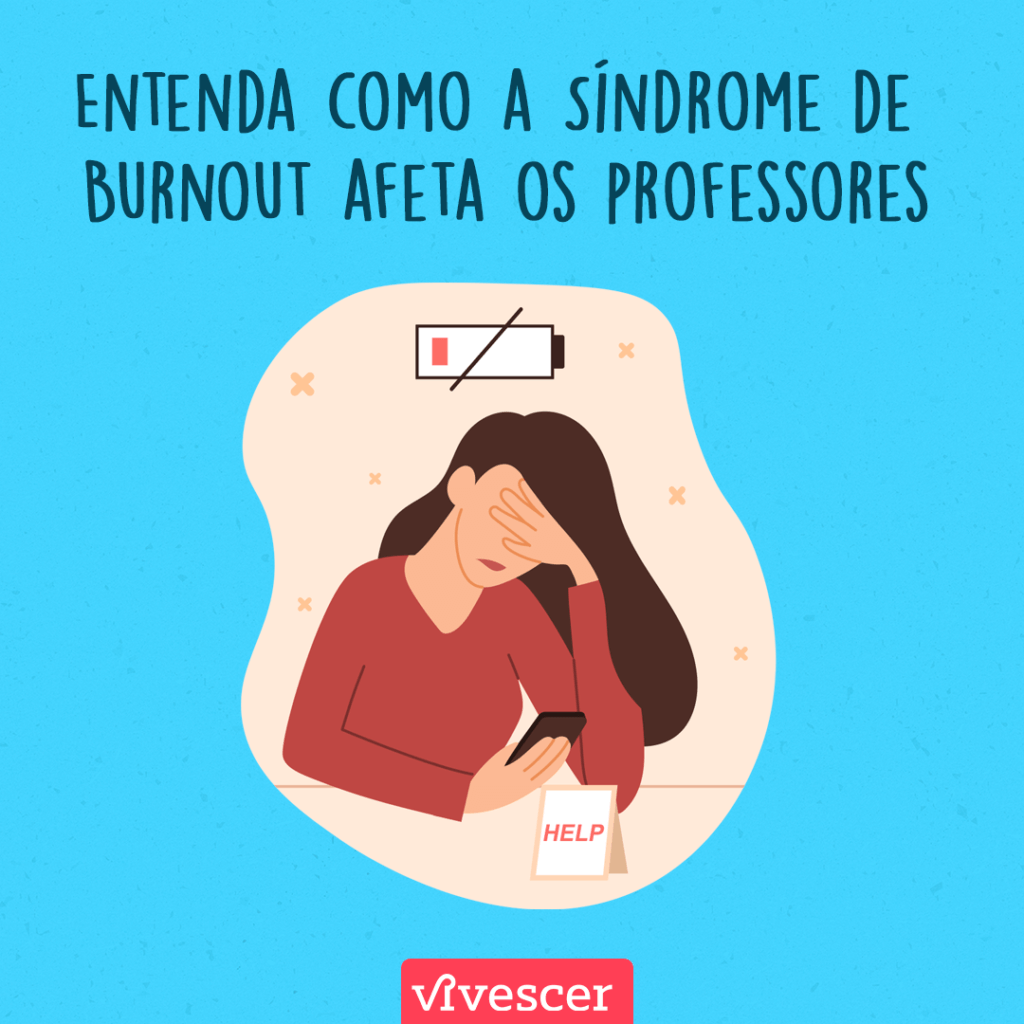 professora sentada usando o celular com a mão na cabeça como uma expressão de preocupação ou cansaço, na imagem tem um símbolo de bateria com pouca carga e uma placa escrito 