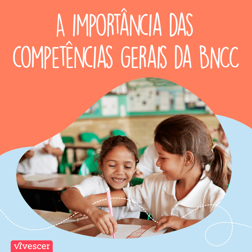 Duas meninas de uniforme rindo juntas na escola. Texto: A importância das competências gerais da BNCC