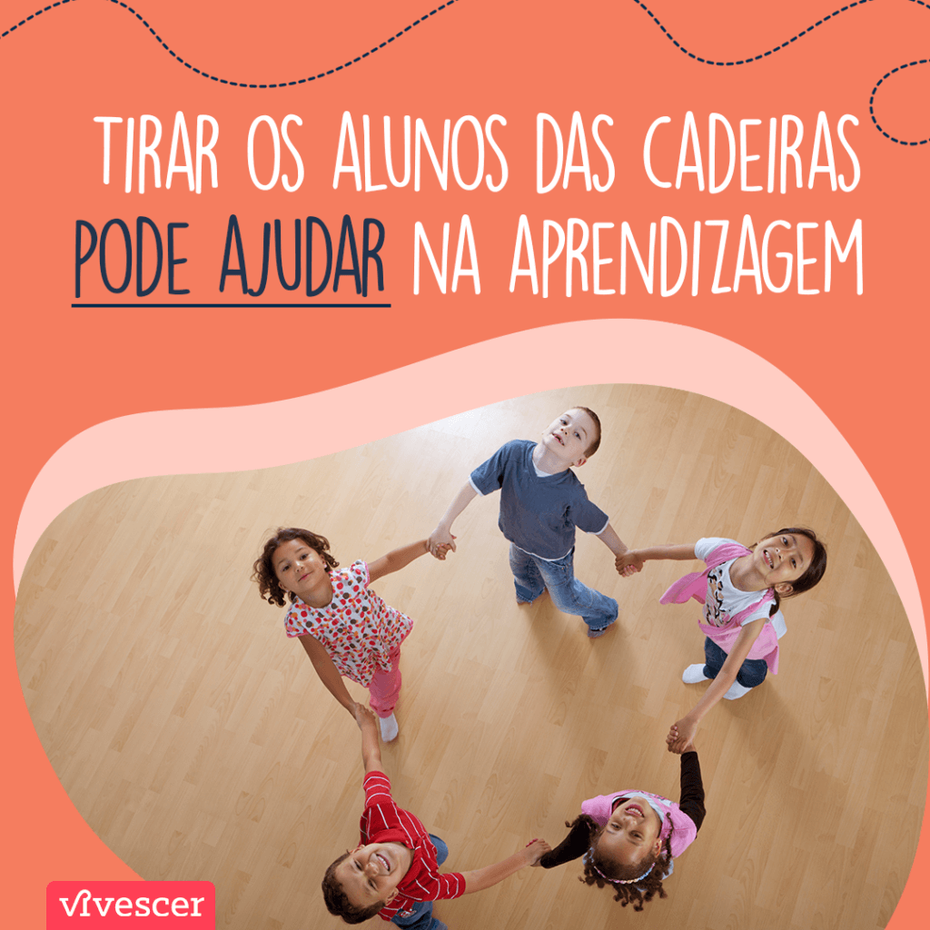 Foto de 5 crianças girando em roda e olhando para cima + Texto: 