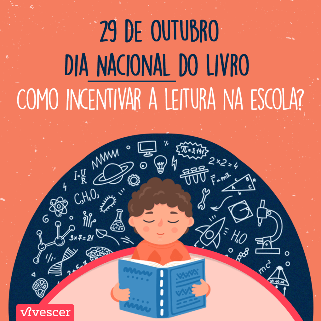 Ilustração de um menino de blusa laranja segurando um livro azul. Atrás dele, aparecem vários elementos lúdios (foguetes, planetas, moléculas...). +Texto: 