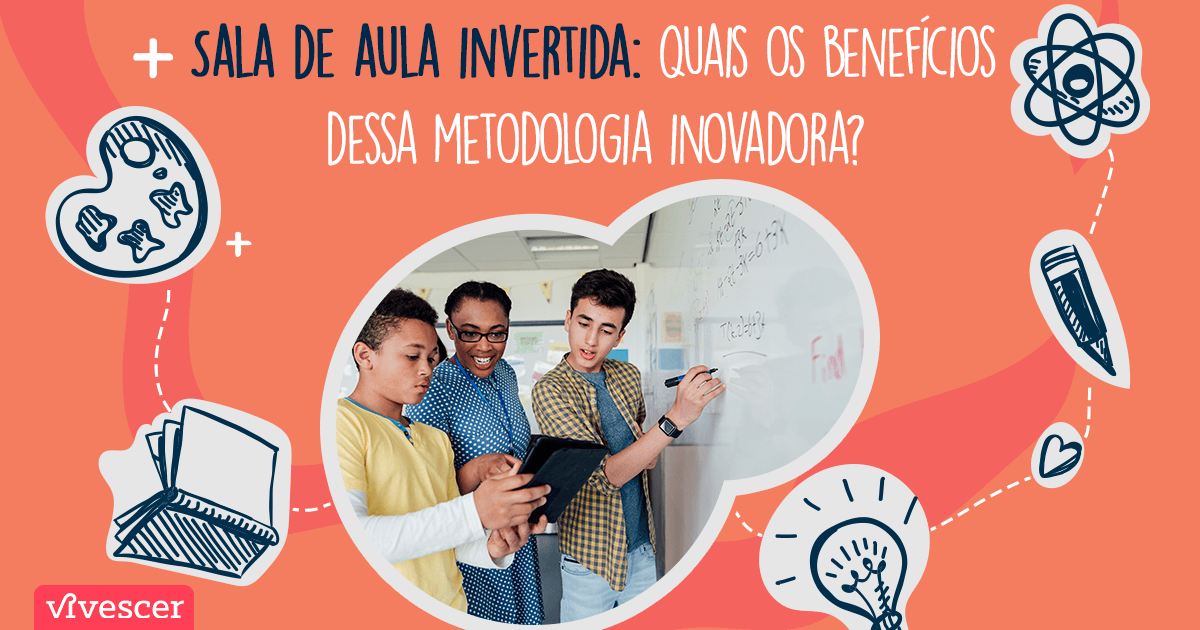 Foto de 2 alunos adolescentes e uma professora adulta. Os três estão na frente do quadro, enquanto um segura um tablet e outro escreve no quadro. A professora está sorrindo e apontando para algo na tela do tablet. Texto da imagem: Sala de aula invertida: quais os benefícios dessa metodologia inovadora?