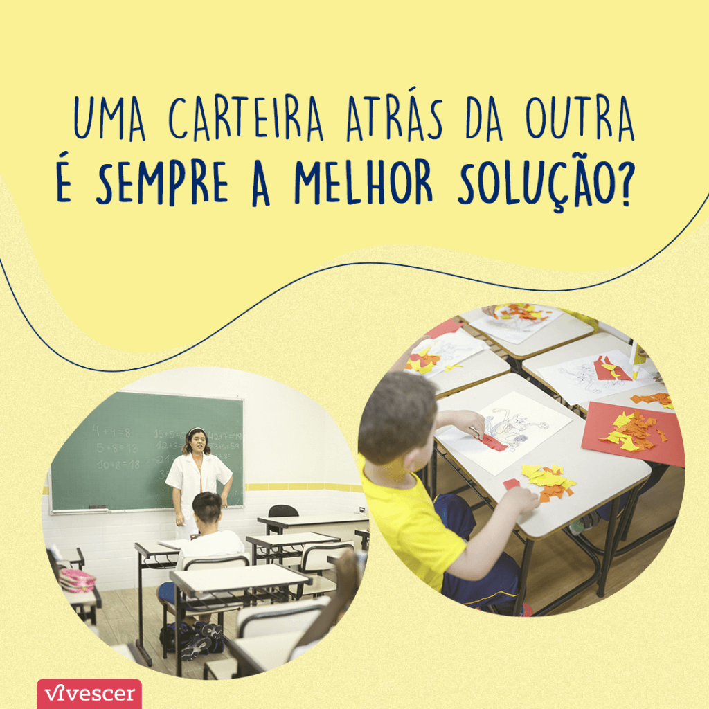Duas fotos de uma sala de aula. Na foto da esquerda, uma professora está na frente da sala e os alunos estão sentados em fila, um atrás do outro. Na segunda foto, os alunos estão sentados em grupo realizando uma atividade. Texto da imagem: Uma carteira atrás da outra é sempre a melhor solução?