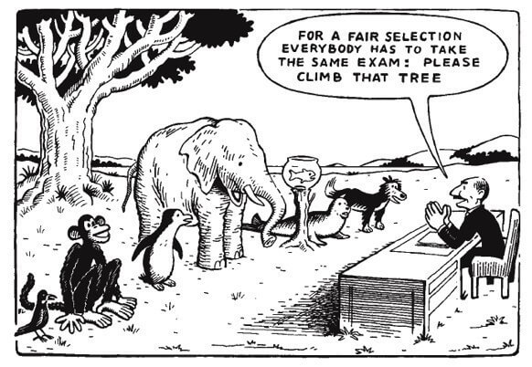 Ilustração de um professor na frente de diferentes animais – um pássaro, um macaco, um pinguim, um elefante, um peixe em um aquário, uma foca e um cachorro – dizendo a frase: “Para uma seleção justa, todos farão o mesmo exame: escalar aquela árvore”.