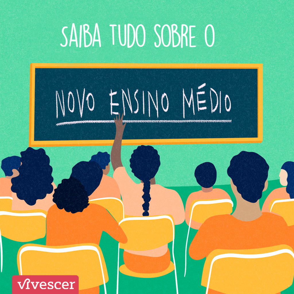 Vários alunos sentados de frente para o quadro negro. No meio, uma aluna de cabelo trançado está com a mão levantada. Acima, há o texto 