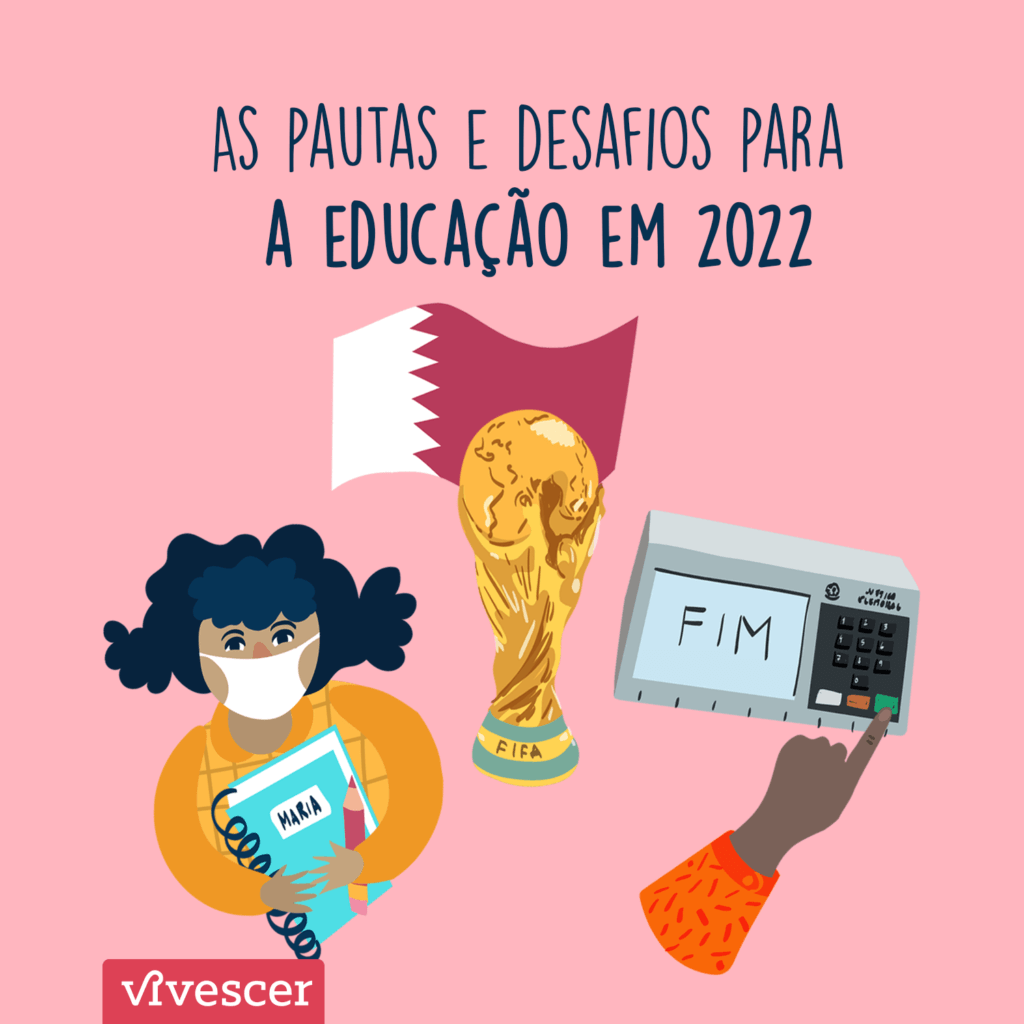 Ilustrações: menina segurando um caderno e lápis, usando máscara; a taça da copa do mundo da fifa e a bandeira do Qatar; urna eletrônica com 