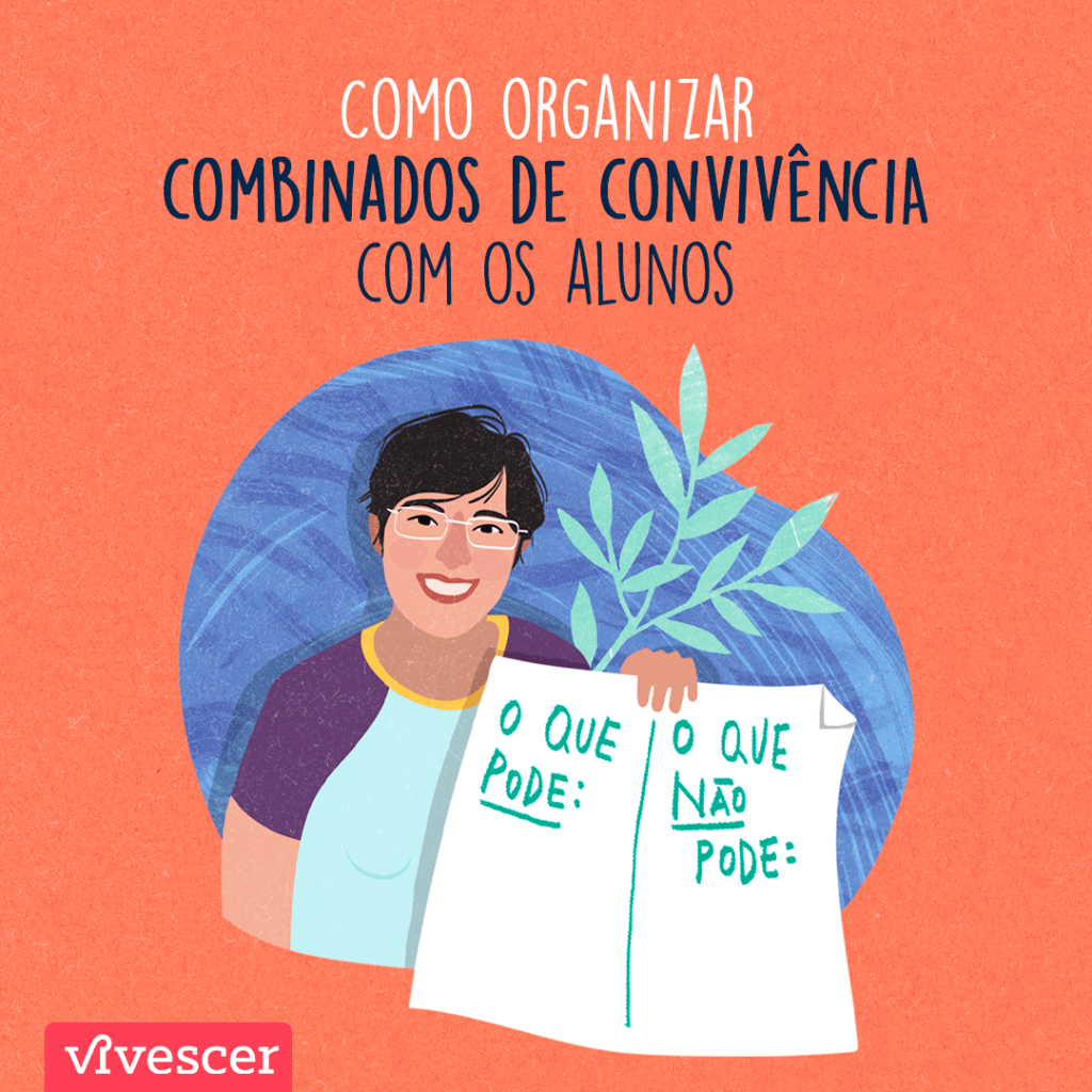 desenho de uma professora de cabelos curtos e pretos e óculos. ela está sorrindo e segura uma folha dividida em duas partes: 