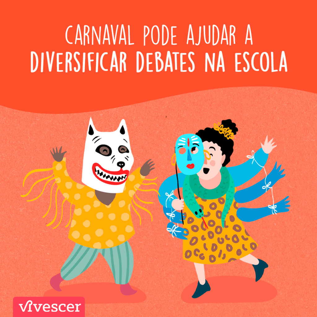 duas crianças festejando, com fantasias coloridas e criativas. uma dela usa uma máscara branca e blusa com fitas amarelas, e a outra usa uma máscara azul, com um vestido de oncinha. aacima, tem o texto 