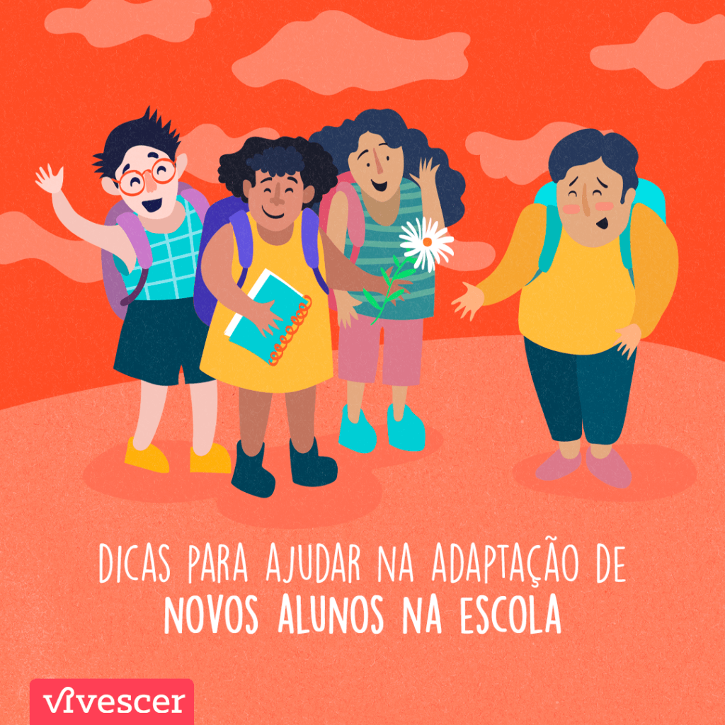 3 crianças recebendo um novo colega. Os alunos estão animados em conhecer o novo amigo, que está com um aspecto tímido, mas feliz. Abaixo, tem o texto 