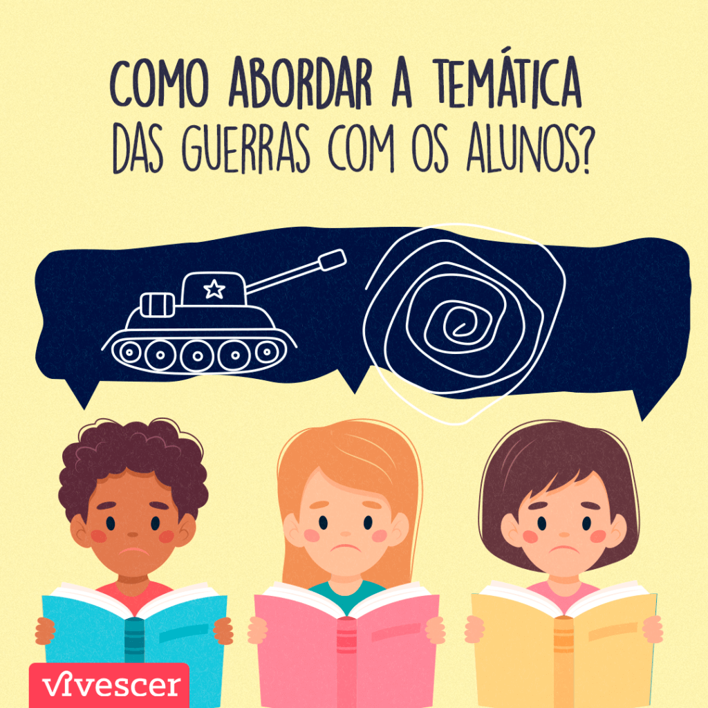 Três crianças com expressão angustiada leem um livro. Acima, há um balão de pensamento com a figura de um tanque de guerra. Na parte superior, há o texto 