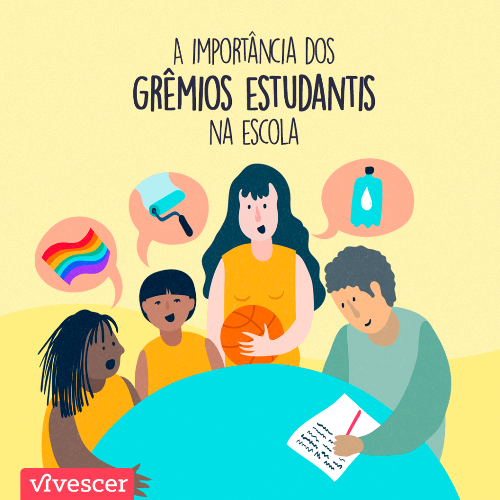 Uma garotinha negra, um garoto índigena e uma menina segurando uma bola de basquete estão numa mesa conversando com um professor sobre as demandas da escola. Texto: A importância dos grêmios estudantis na escola