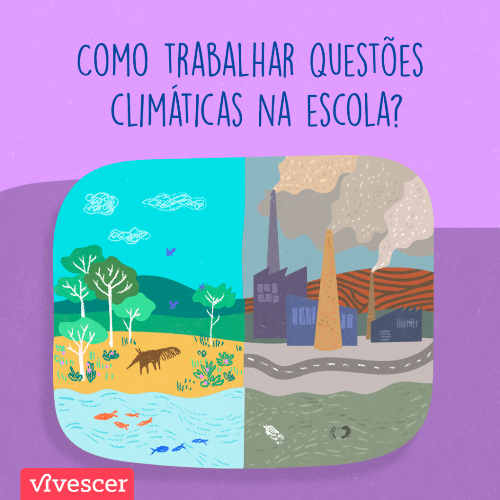 Uma cena dividida em duas partes. A primeira, uma cena arborizada, com animais e plantas, com céu azul e ar puro. A segunda uma cena industrial, com árvores secas, céu acinzentado. Texto da imagem: como trabalhar questões climáticas na escola?