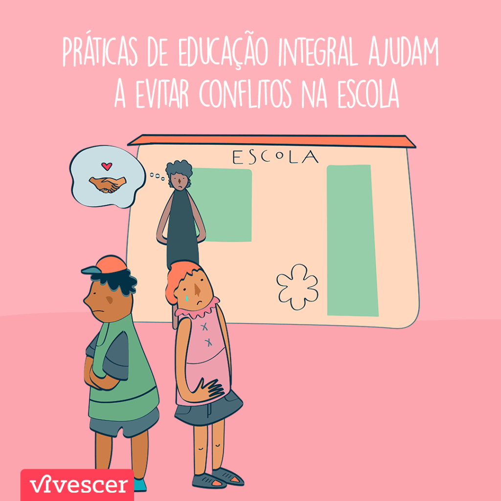 Ilustração de uma escola com dois alunos (em média 9 anos) de costas um para o outro em situação de conflito e a professora com um balão de pensamento que contém duas mãos dadas e um coração como referência a harmonia e união no ambiente escolar.
