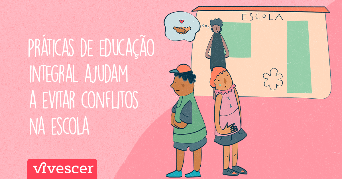 Ilustração de uma escola com dois alunos (em média 9 anos) de costas um para o outro em situação de conflito e a professora com um balão de pensamento que contém duas mãos dadas e um coração como referência a harmonia e união no ambiente escolar.
