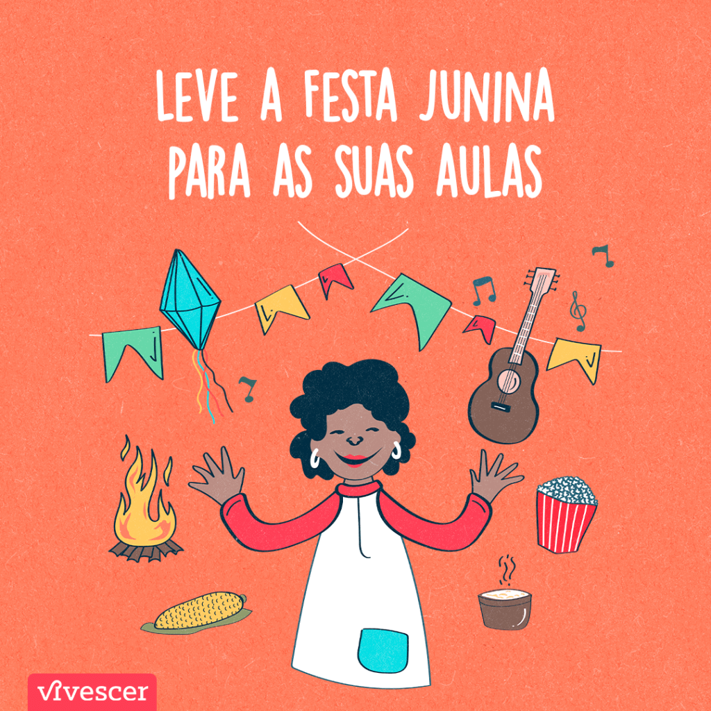 Professora negra com semblante alegre rodeada de elementos de Festa Junina: fogueira, viola caipira, milho, pipoca, canjica, bandeirinhas e balão