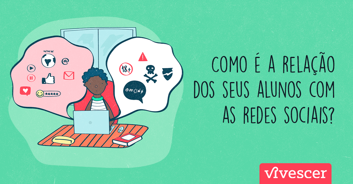 Jovem negro usando o computador e de um lado um balão com alguns elementos referentes ao lado positivo das redes sociais como e-mail, youtube, likes e do outro referências ao lado negativo como símbolo de atenção, balão com palavrões, sinal de proibido para menores de 18 anos. 