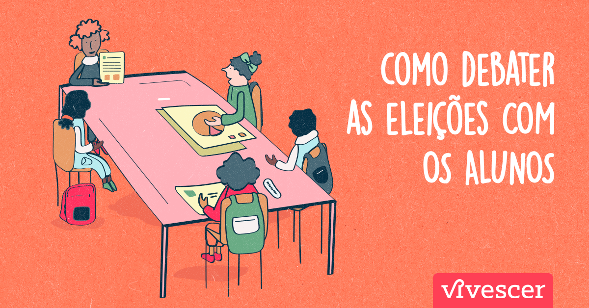 5 alunos reunidos em uma mesa debatendo como uma espécie de grêmio estudantil
