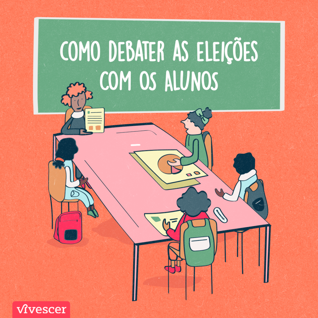 5 alunos reunidos em uma mesa debatendo como uma espécie de grêmio estudantil