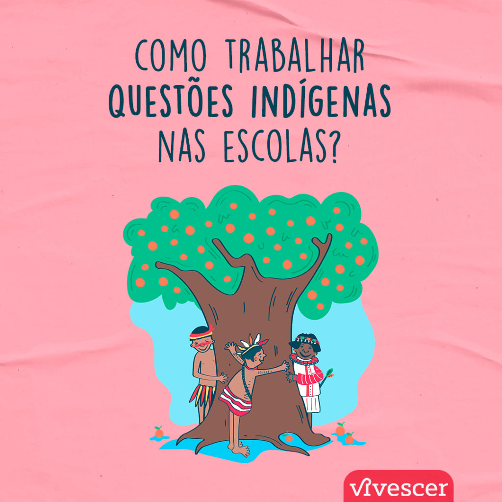 3 crianças indígenas ao redor de uma árvore