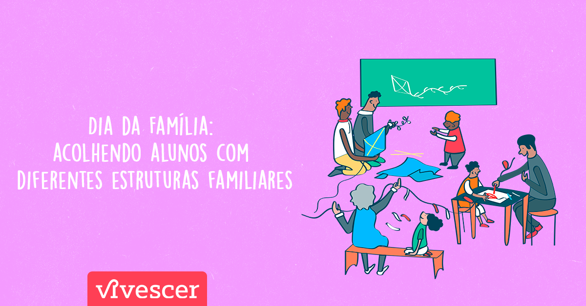 Famílias de diferentes configurações com as crianças realizando atividades na escola: uma avó com o neto montando a rabiola, dois pais com o filho soltando pipa e um pai solo com o filho desenhando
