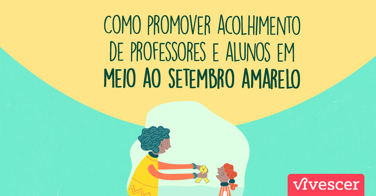 Professora entregando um laço amarelo (símbolo da campanha do setembro amarelo) a uma aluna criança